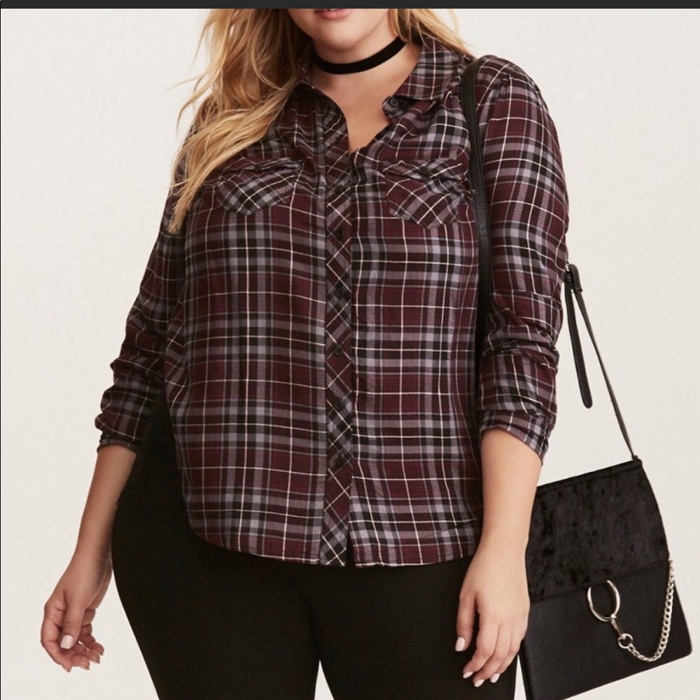 Torrid Plaid Lace Inset Camp Shirt